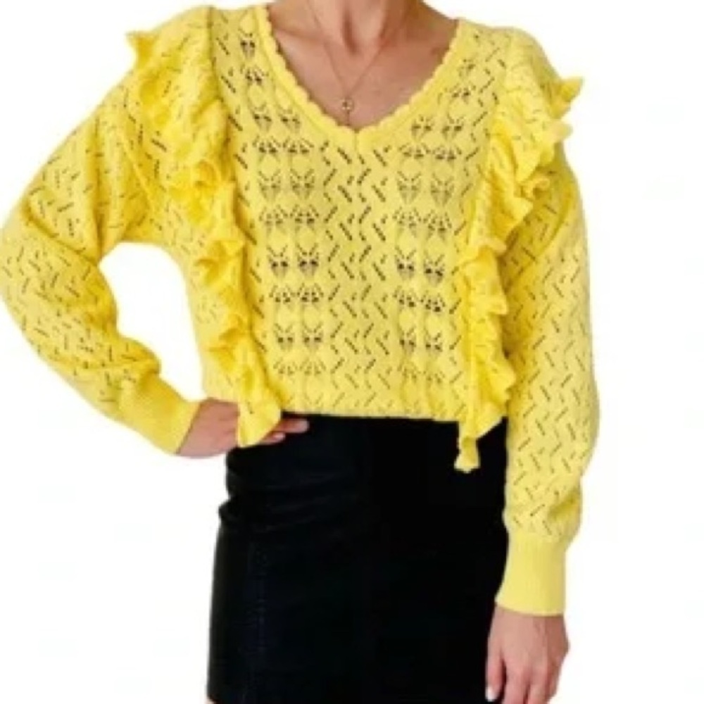 Marc New York Butter Yellow Crochet Open Knit Long Sleeve Cotton Sweater Size MD